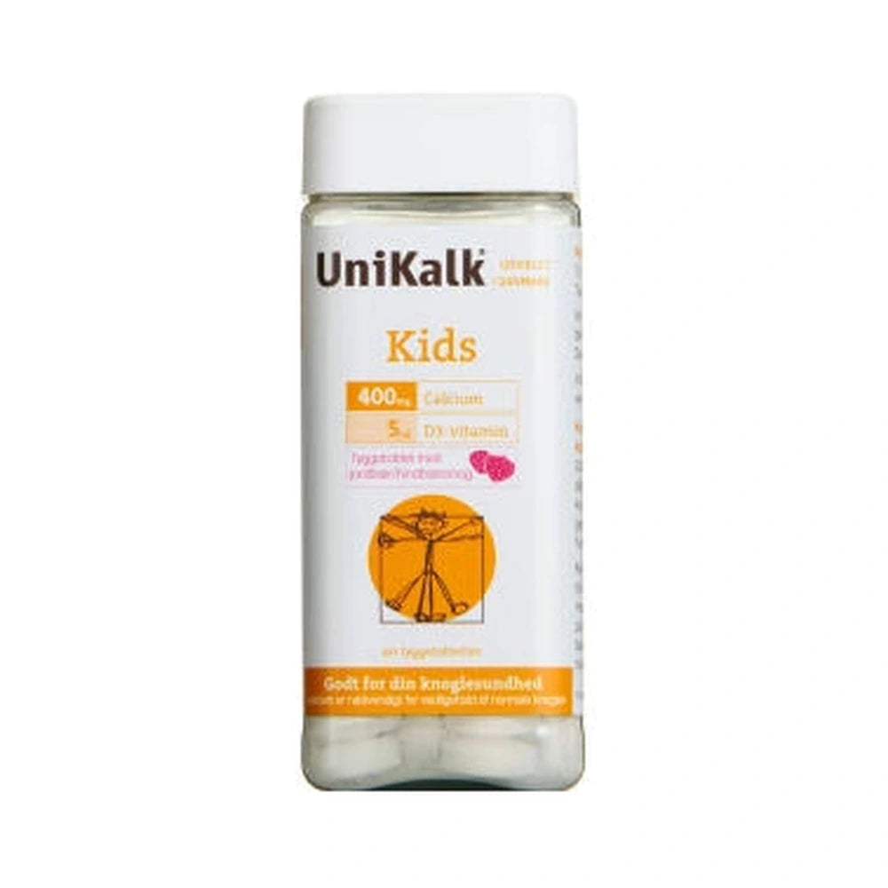Pakning med UniKalk Kids kalktilskud til børn med kalk og D-vitamin, 90 stk