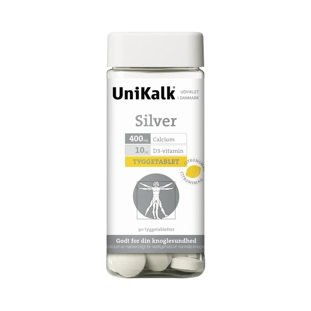 Pakning med UniKalk Silver tyggetabletter med citrussmag, kalk og D-vitamin, 90 stk
