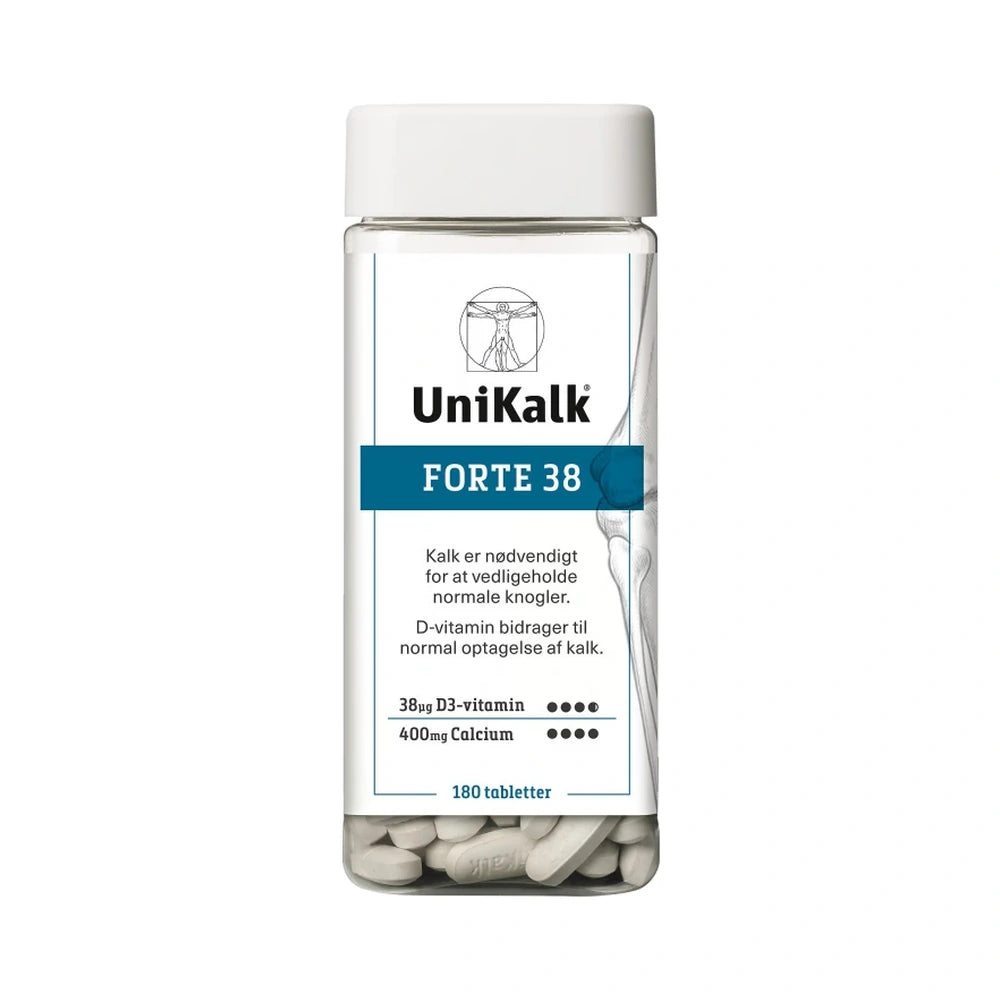 Pakning med UniKalk Forte kosttilskud med 400 mg calcium og 38 µg D-vitamin, 180 stk