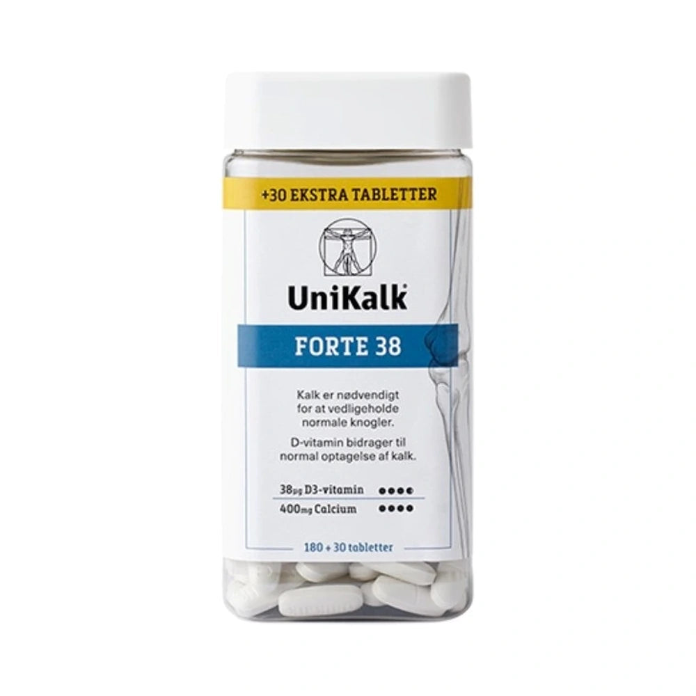 Pakning med UniKalk Forte 38 µg D-vitamin kosttilskud med 400 mg calcium, 210 stk