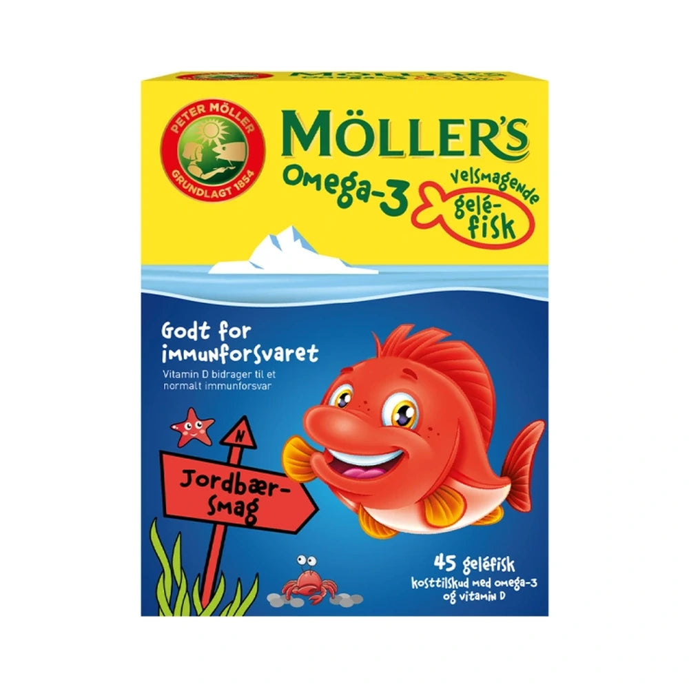 Pakning med Møllers Omega-3 Gelefisk med jordbærsmag, 45 stk