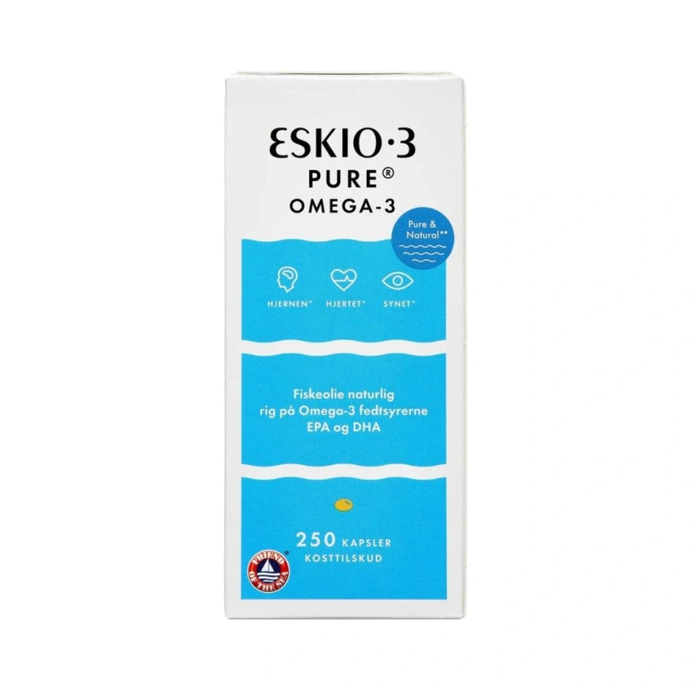 Stor pakning med Eskio-3 Pure Omega-3 fiskeolie i kapselform, 250 stk.