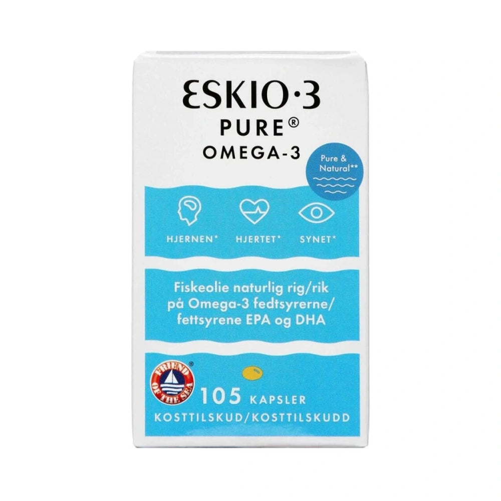 Pakning med Eskio-3 Pure Omega-3 fiskeolie i kapselform, 105 stk., Friend of the Sea