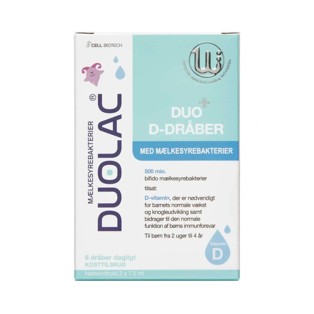 Pakning med Duolac Duo+ D-dråber med mælkesyrebakterier og vitamin D3, 2 x 7,5 ml