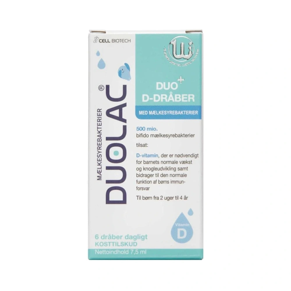 Pakning med Duolac Duo+ D-dråber med mælkesyrebakterier og D-vitamin, 7,5 ml