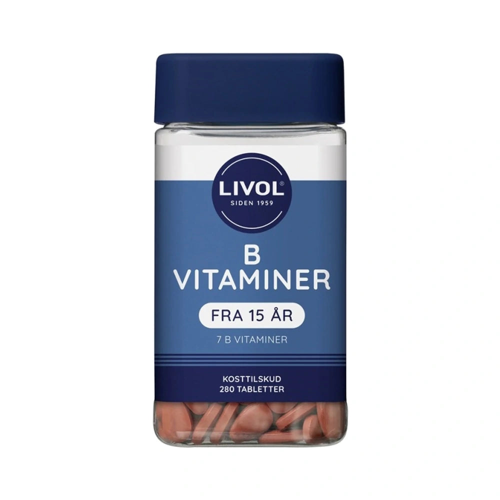 Pakning med Livol B-vitamin tabletter, vegansk kosttilskud med 7 B-vitaminer, 280 stk.
