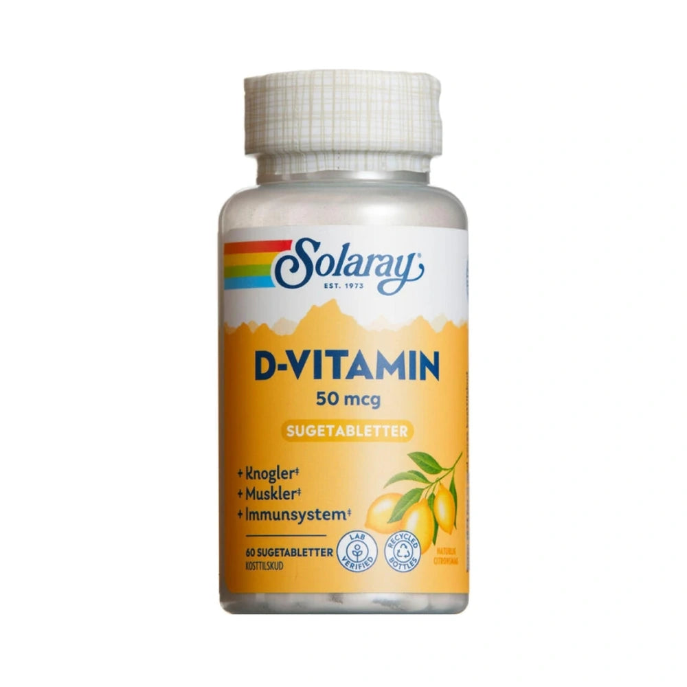 Pakning med Solaray D-vitamin 50 µg sugetabletter, 60 stk., vitamin D3