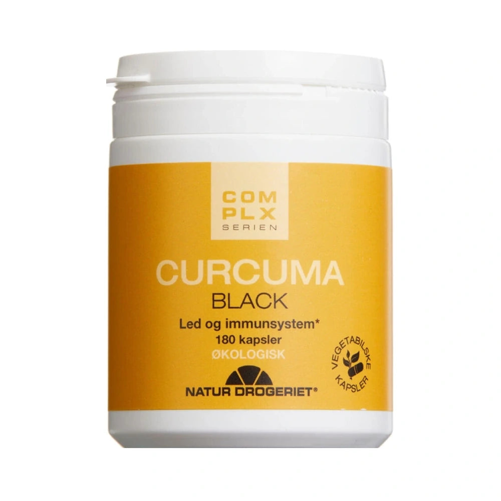 Glas eller pakning med Natur Drogeriet Curcuma Black gurkemejekapsler, 180 stk.