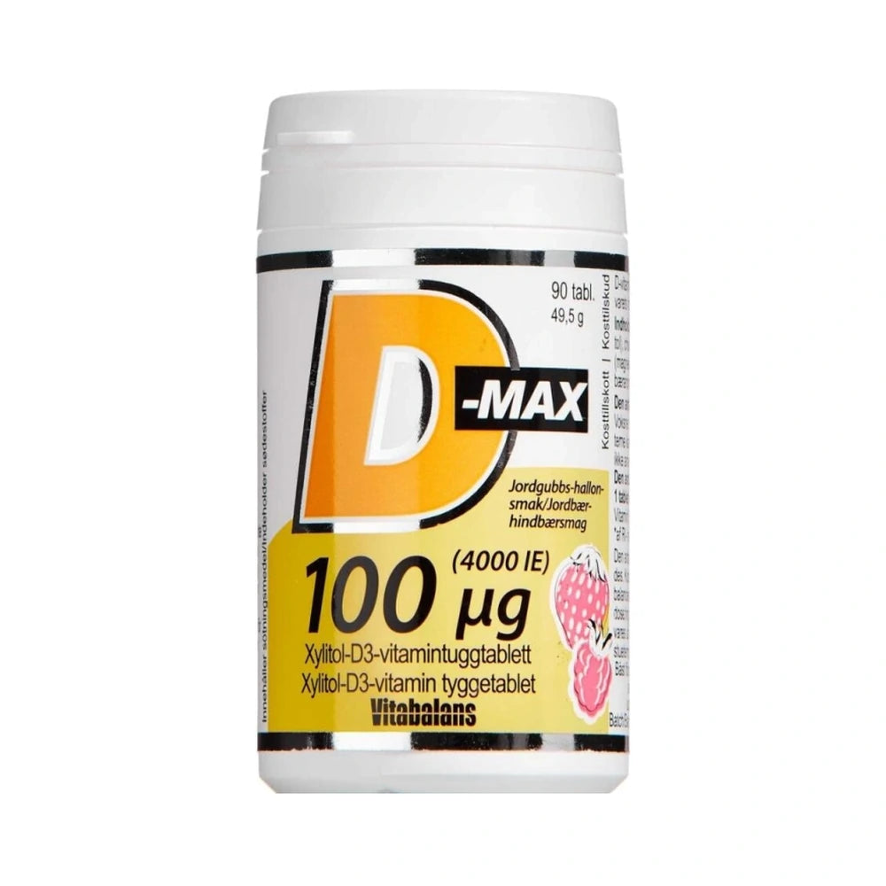 Pakning med D-Max 100 µg D-vitamin tyggetabletter med jordbær-hindbærsmag, 90 stk.