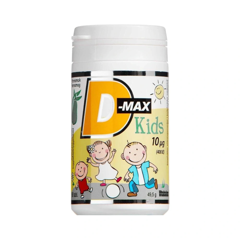 Pakke med D-max Kids 10 µg tyggetabletter med D-vitamin til børn, 90 stk