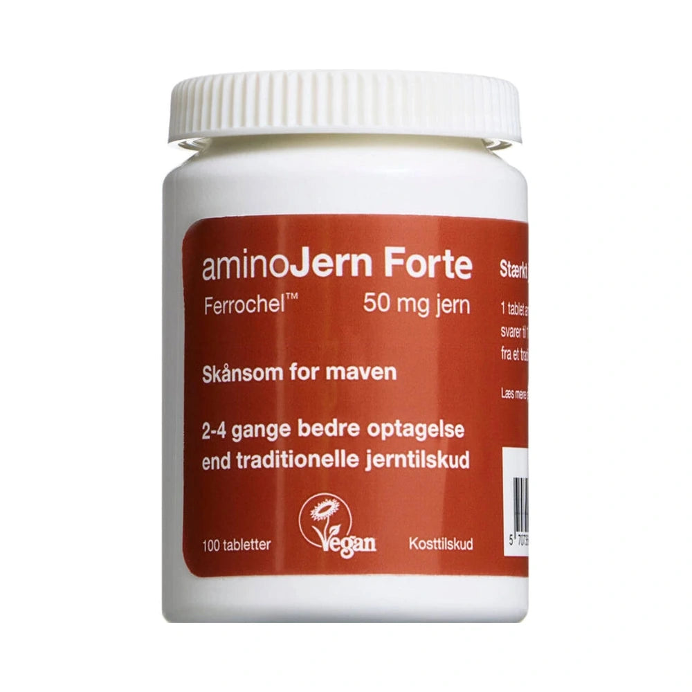 Pakke med AminoJern Forte 50 mg jerntilskud med jernchelat, 100 stk