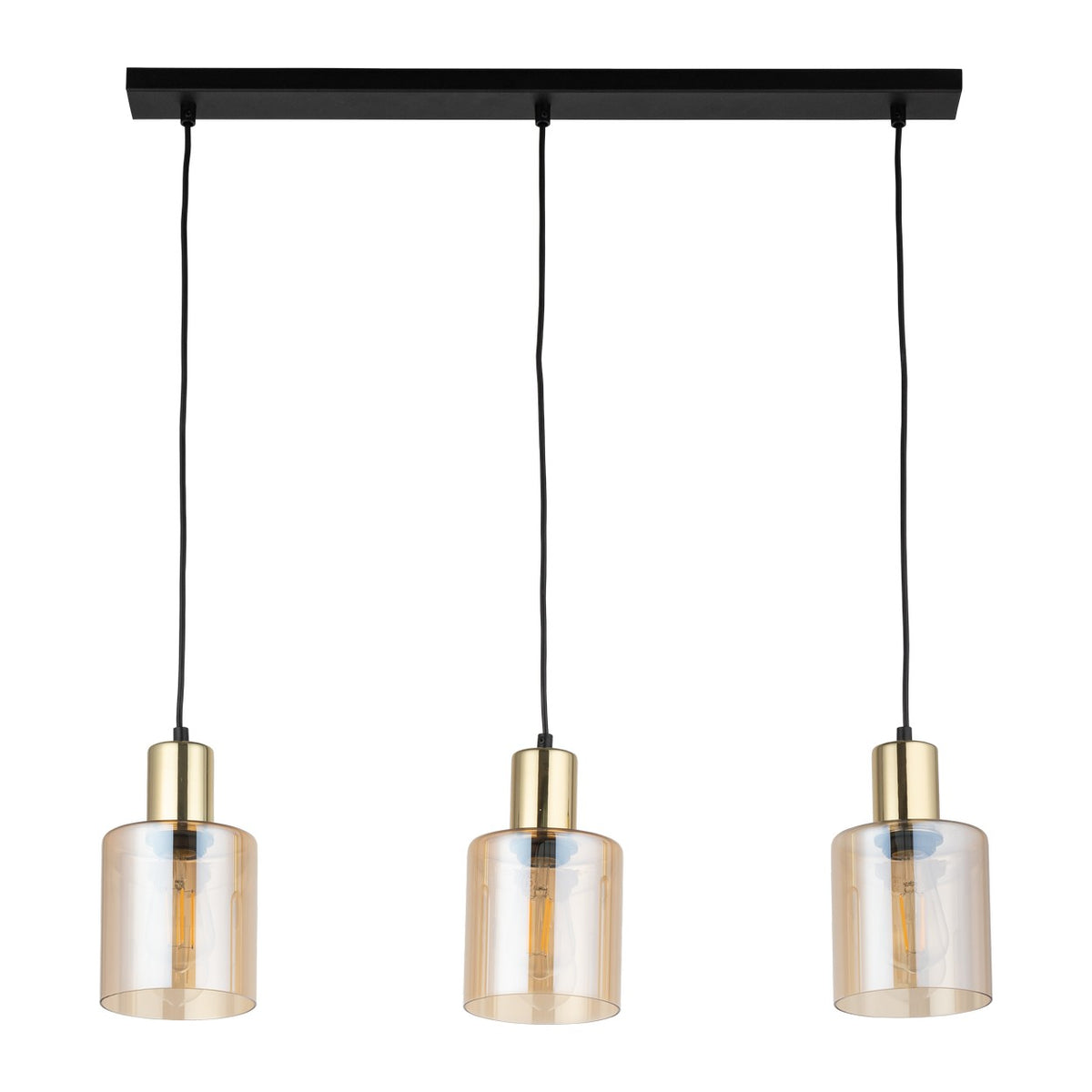 TK Sierra loftlampe med tre skærme i rav glas og guld metal