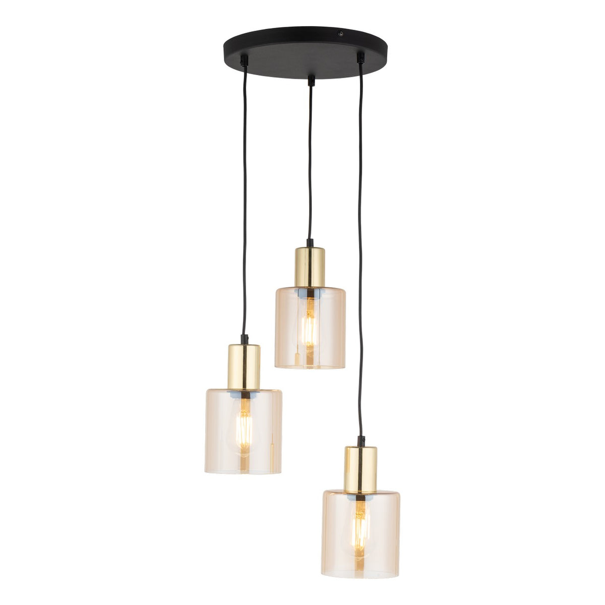 TK Sierra loftlampe med tre skærme i rav glas og guld metal