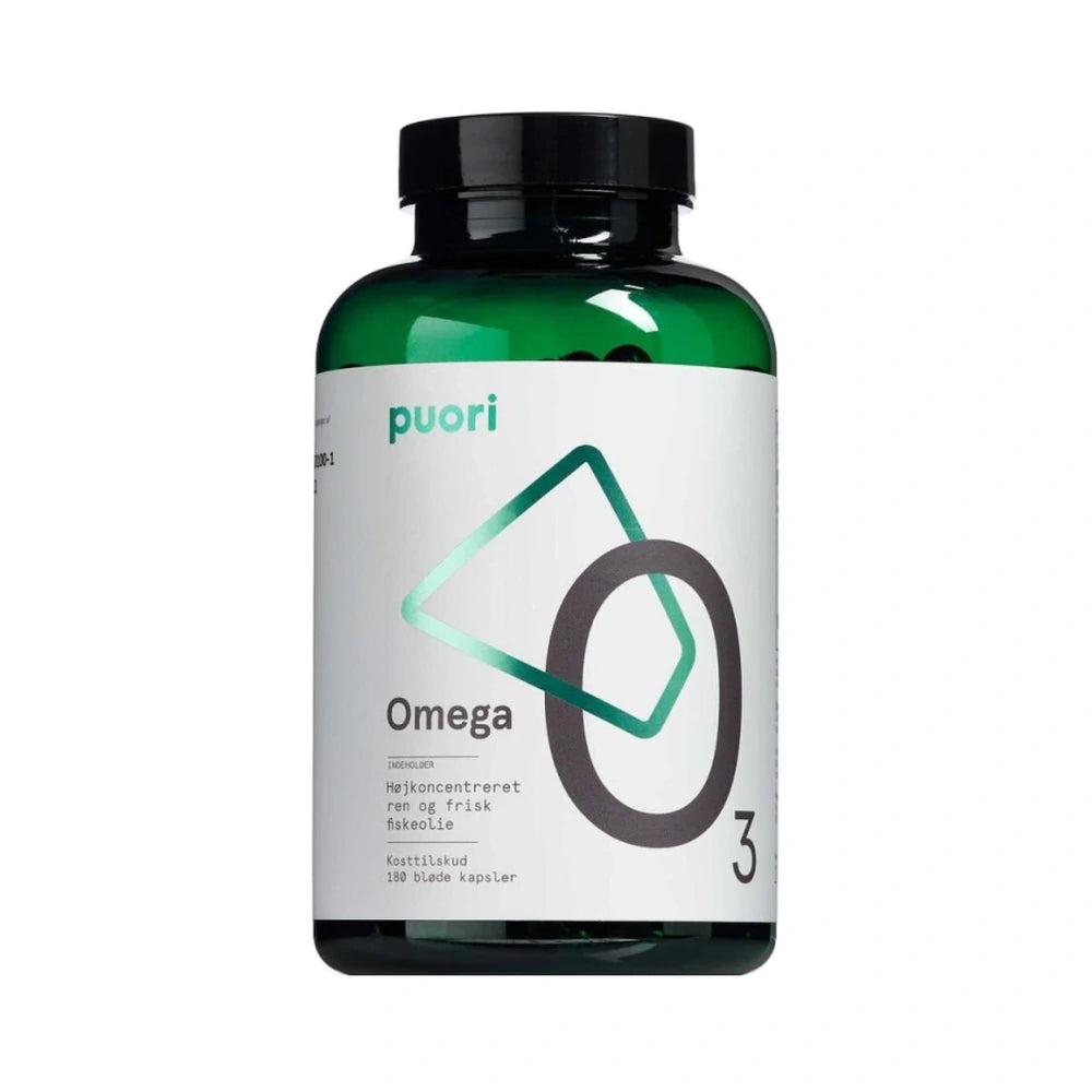 Pakke med Puori Omega O3 fiskeolie i kapsler, 180 stk.
