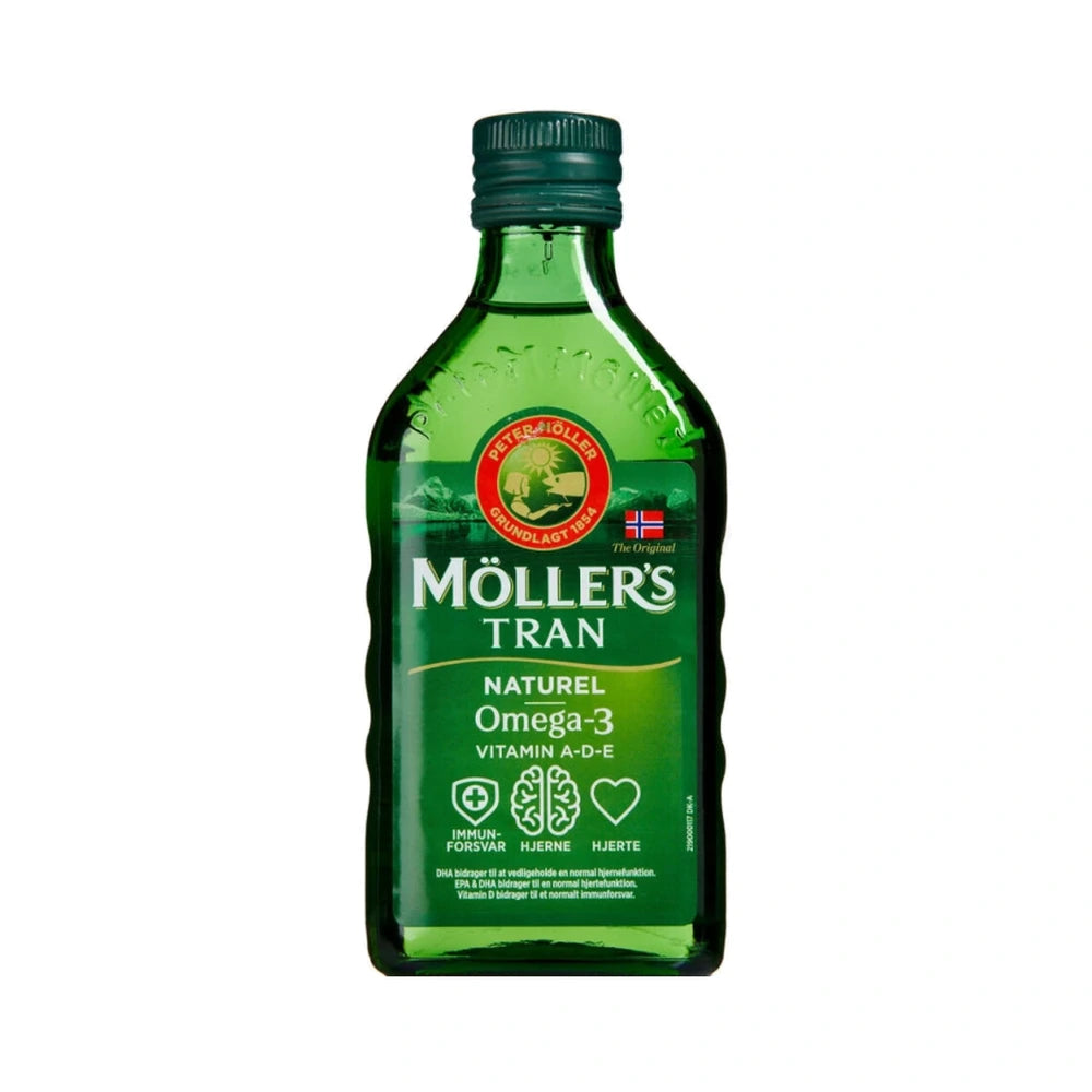 Flaske med Møllers Tran neutralsmag, torskelevertran, 250 ml