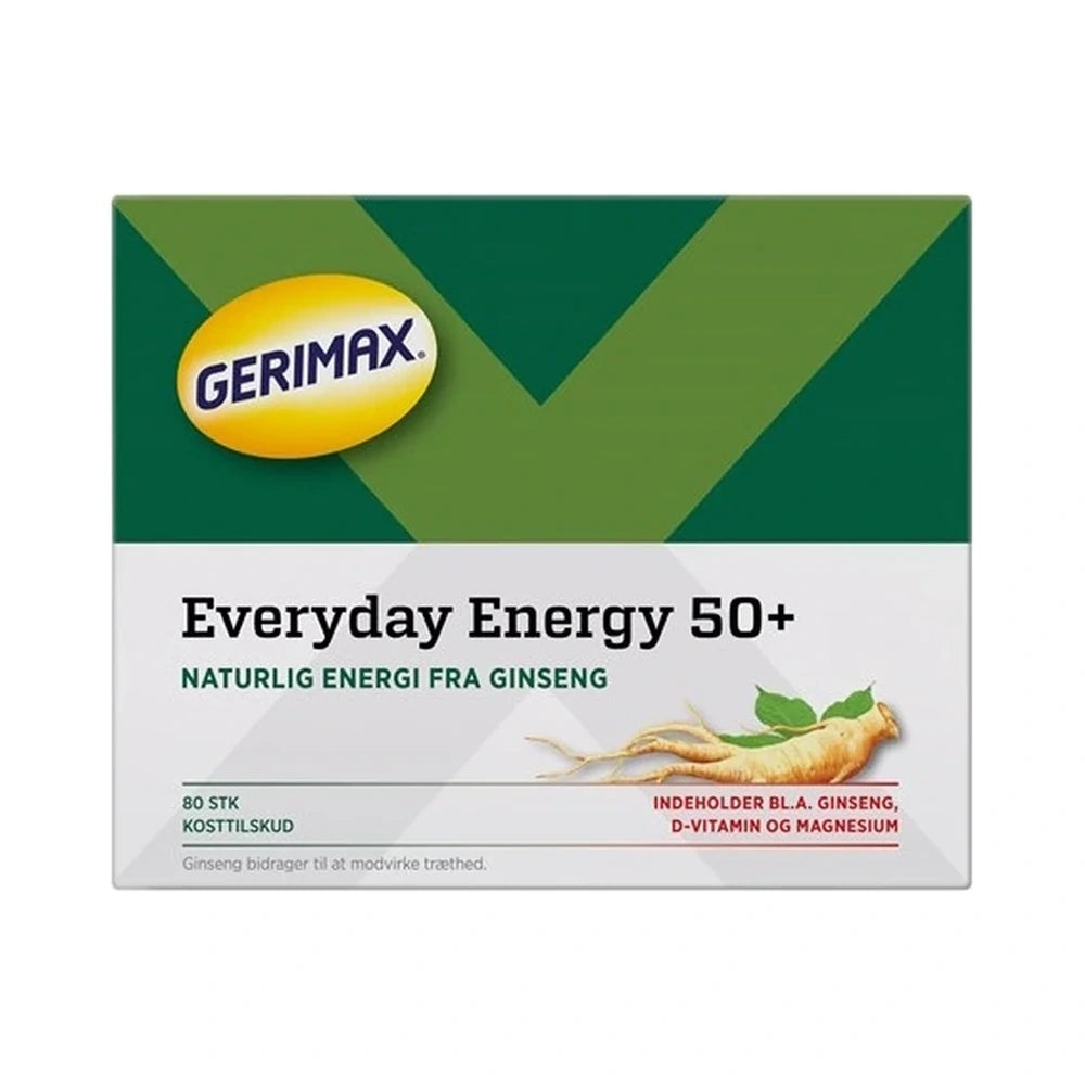 Pakning med Gerimax Daglig Energi 50+ kosttilskud, 80 stk.