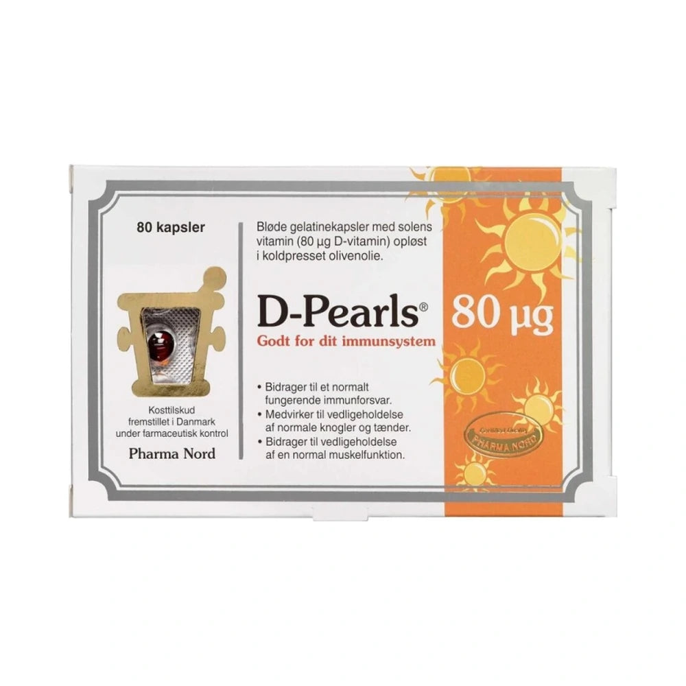 Pakning med Pharma Nord D-Pearls 80 µg D-vitamin, bløde kapsler, 80 stk.