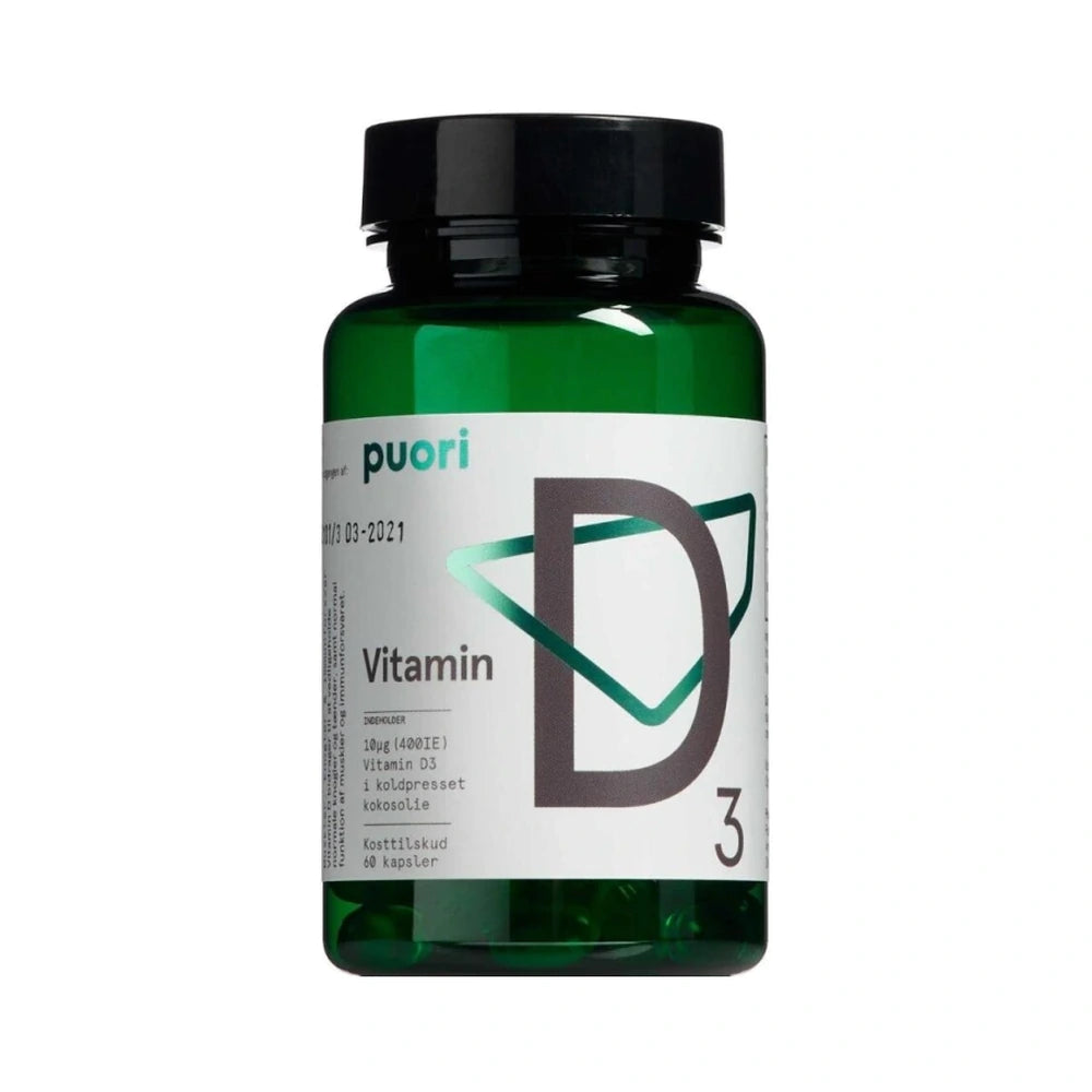 Pakning med Puori Vitamin D3 10 µg, vegetariske kapsler, 60 stk.