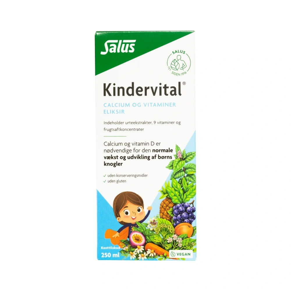 Flaske med Salus Kindervital urte-eliksir, flydende kosttilskud med urter, calcium og vitaminer