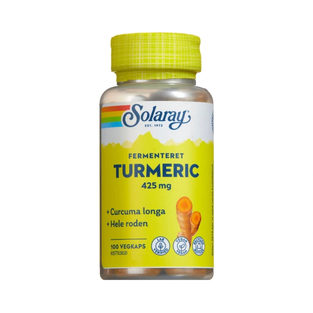Beholder med Solaray fermenteret turmeric, kosttilskud med gurkemejerod, 100 stk