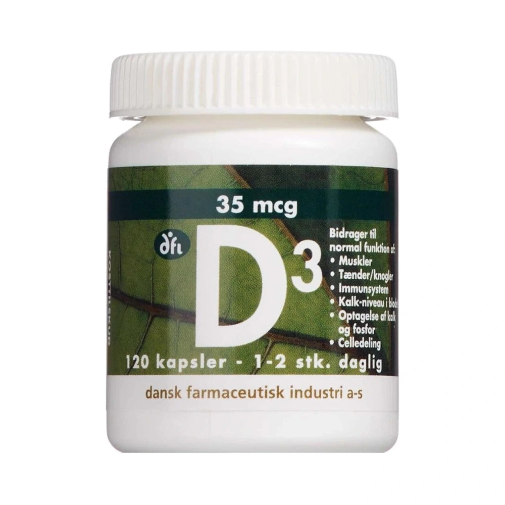 Pakning med Grønne Vitaminer D3-vitamin 35 µg, kapsler, 120 stk
