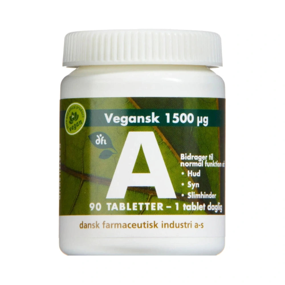 Pakning med Grønne Vitaminer A-vitamin 1500 µg, veganske tabletter, 90 stk