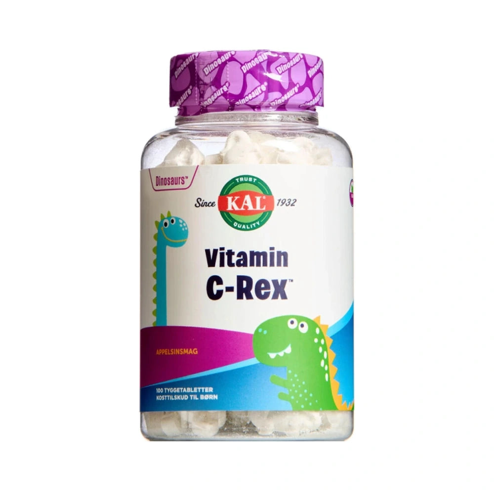 Pakning med KAL Vitamin C-Rex, tyggetabletter med C-vitamin formet som dinosaurer, 100 stk