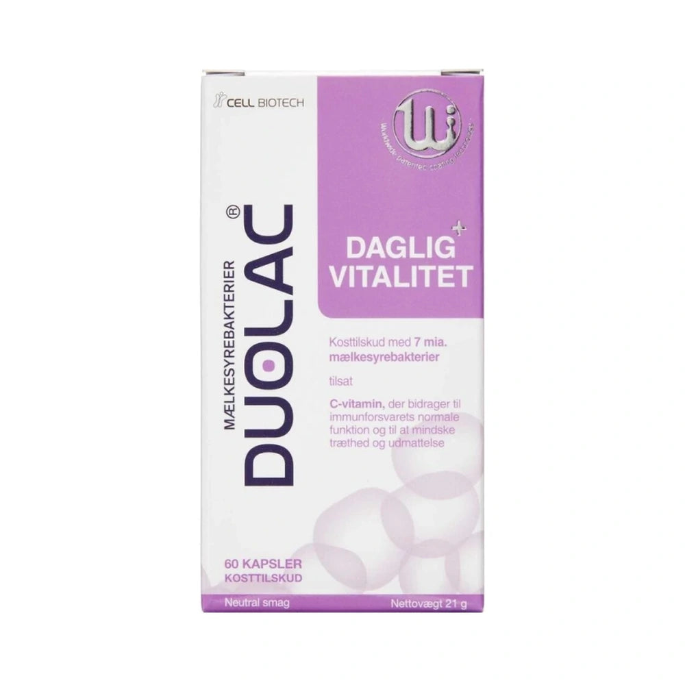 Duolac Daglig+ Vitalitet kosttilskud med mælkesyrebakterier, pakke med 60 stk