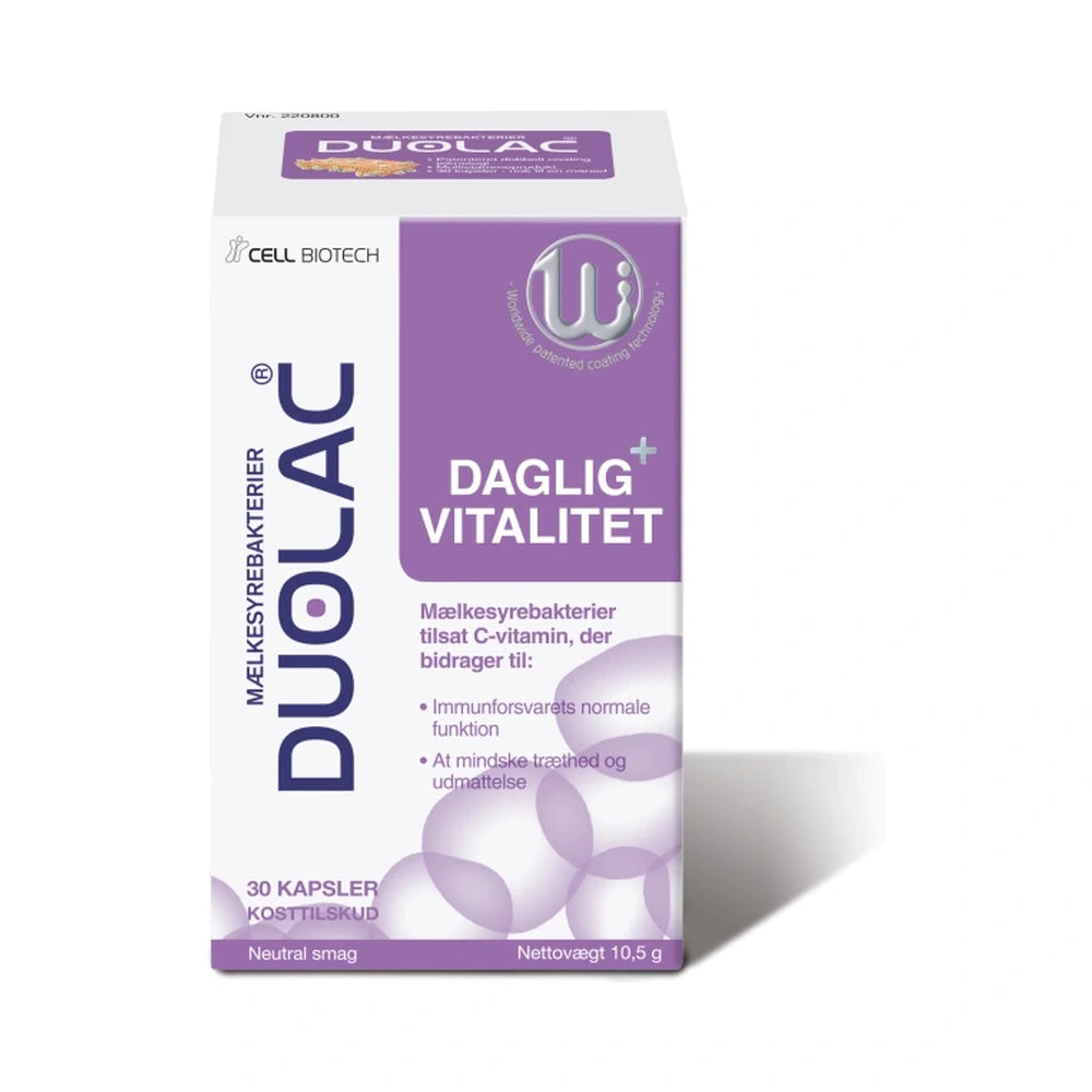 Duolac Daglig+ Vitalitet kosttilskud med mælkesyrebakterier, pakke med 30 stk