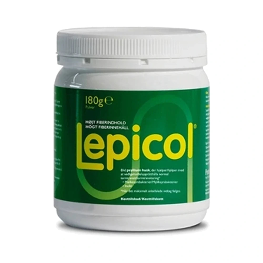 Dåse eller pakning med Lepicol pulver, kosttilskud med loppefrøskaller, 180 g