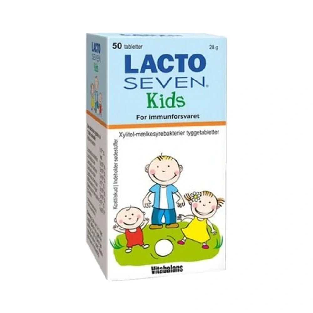 Pakning med Lacto Seven Kids tyggetabletter, kosttilskud med mælkesyrebakterier og vitamin D