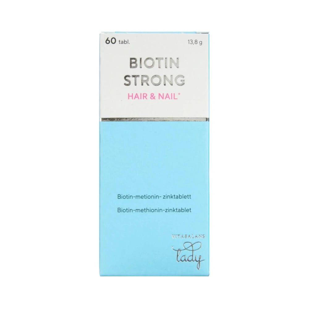 Pakning med Vitabalans Biotin Strong tabletter med biotin og zink, 60 stk.