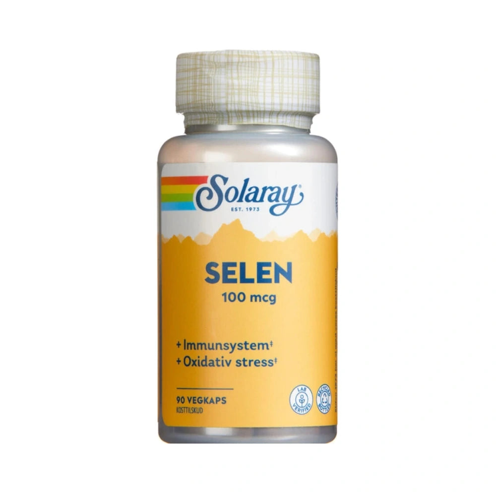 Pakning med Solaray Selen 100 mcg kosttilskud, 90 stk, med L-selenmethionin