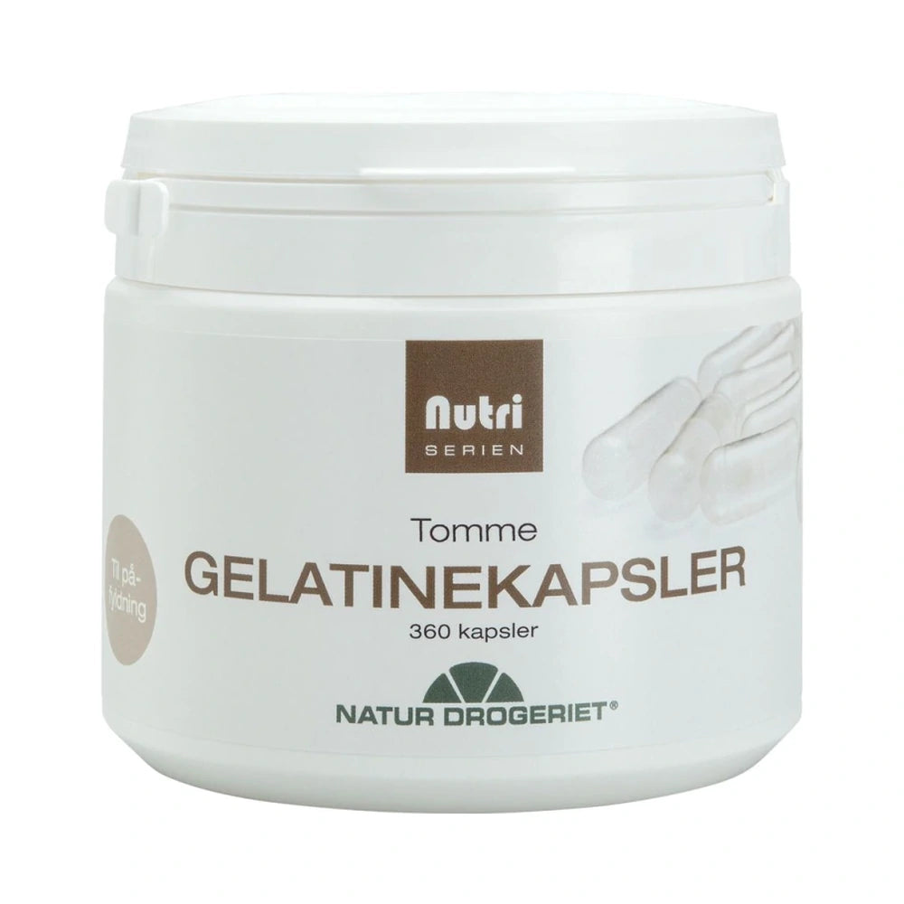 Pakning med 360 tomme gelatinekapsler til påfyldning fra Natur Drogeriet