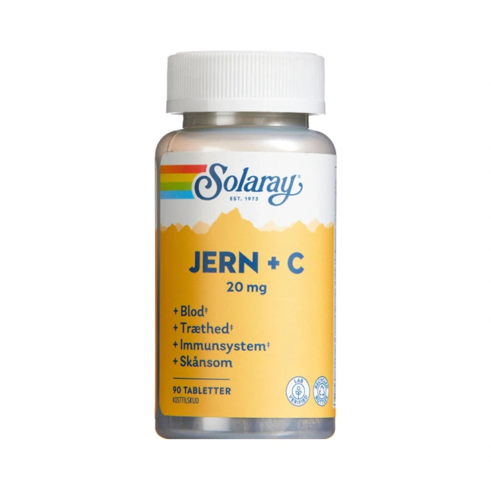 Pakning med Solaray Jern + C kosttilskud med C-vitamin, folsyre og urter, 90 stk