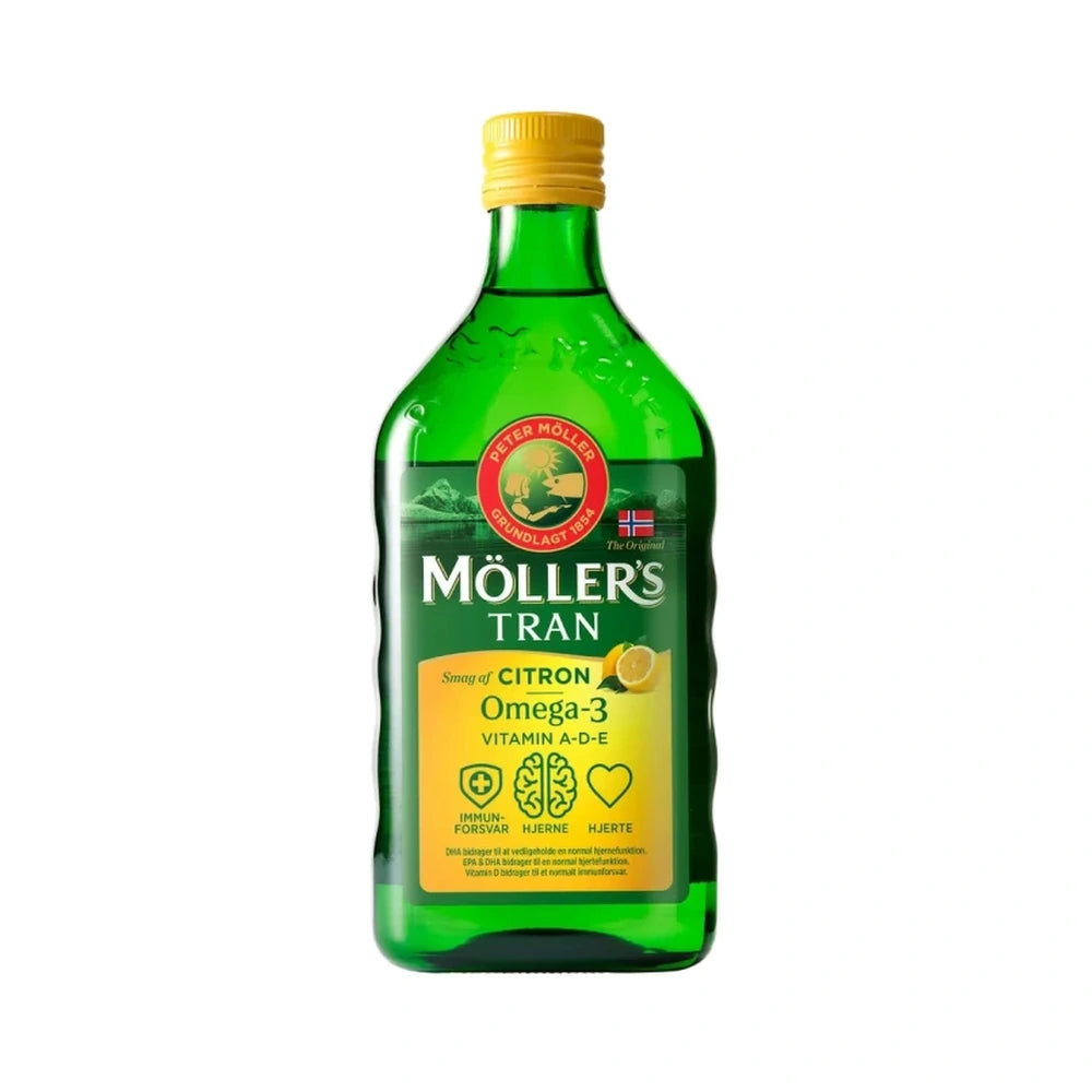 Flaske med Møllers Tran omega-3 fiskeolie med citrussmag, 250 ml