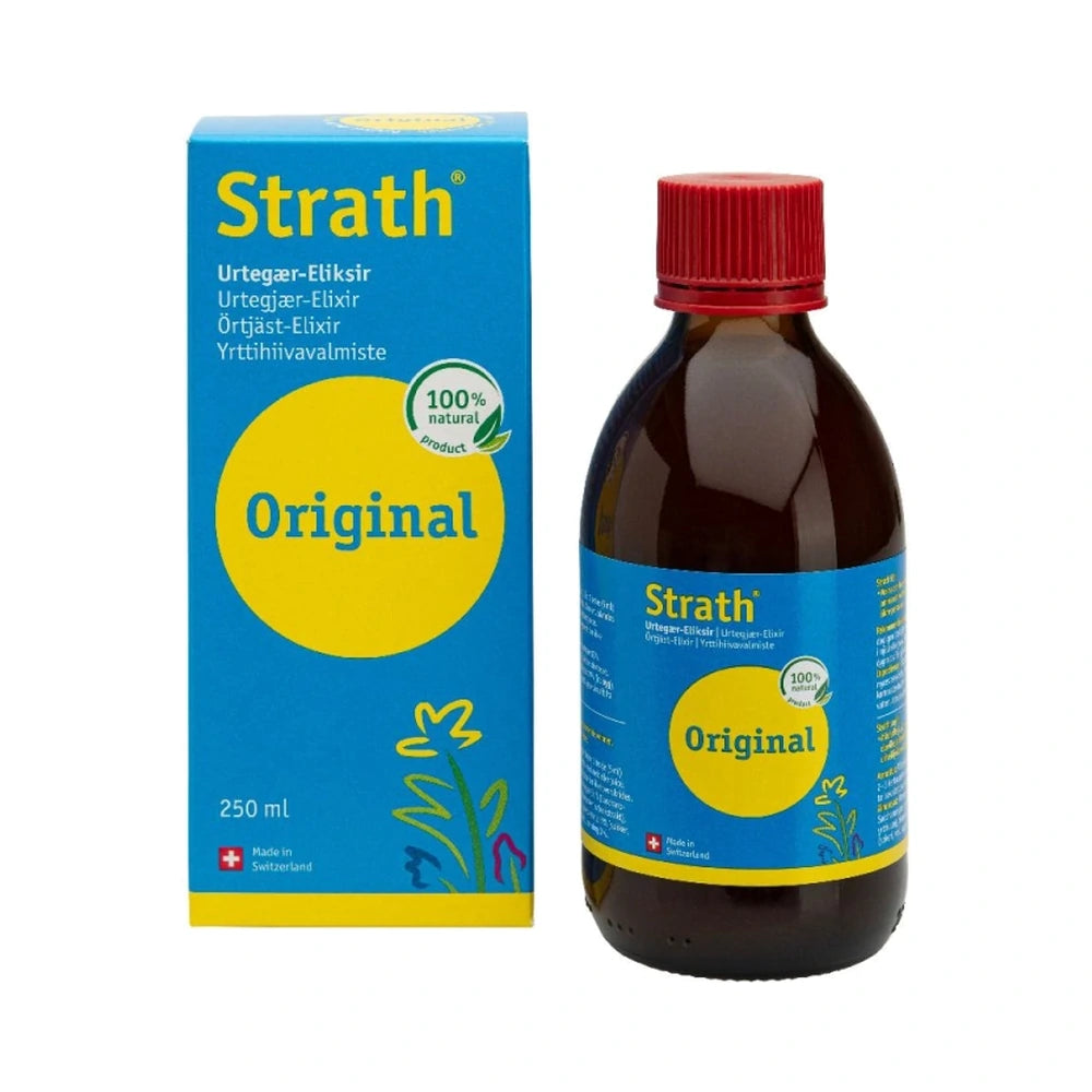 Flaske med Strath Original Urtegær-Eliksir, flydende kosttilskud, 250 ml