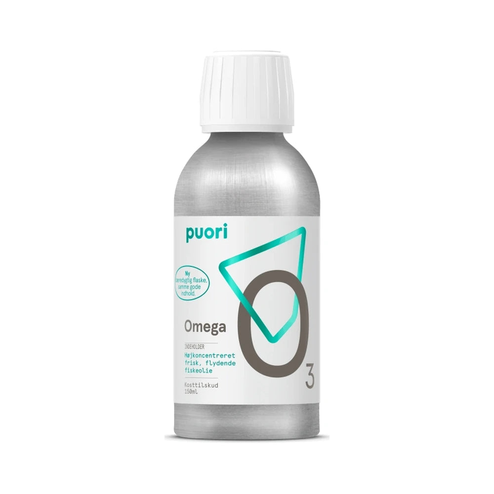 Flaske med Puori Omega-3 O3 flydende fiskeolie fra ansjoser, 150 ml