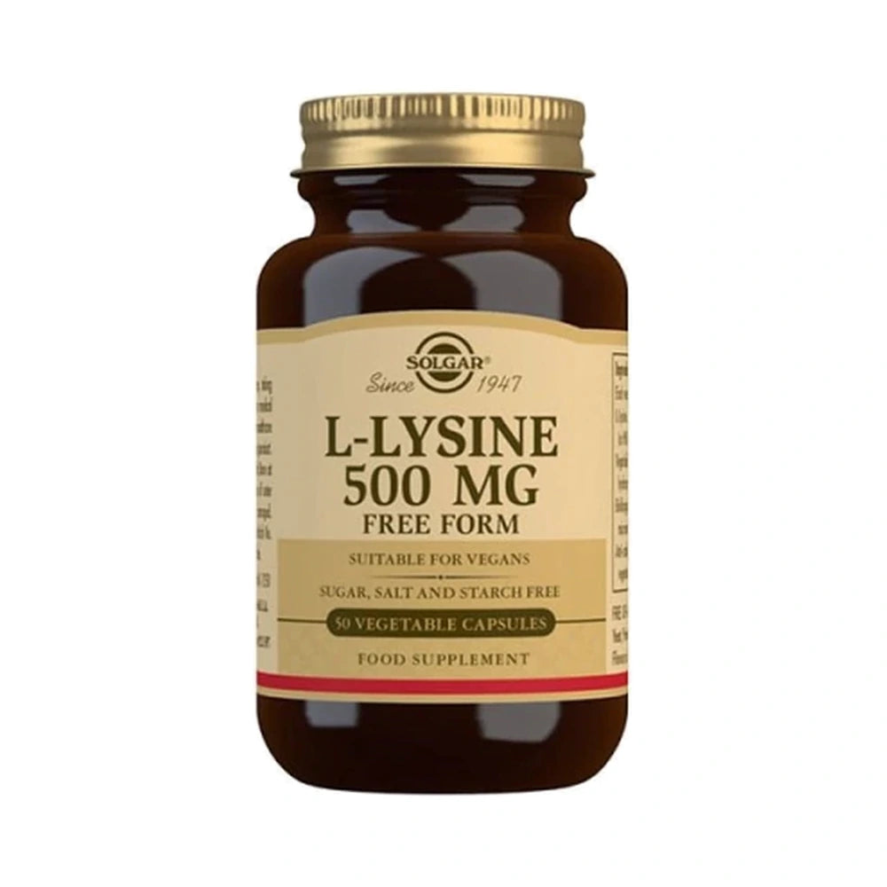 Pakning med Solgar L-Lysine 500 mg kosttilskud i kapselform, 50 stk.