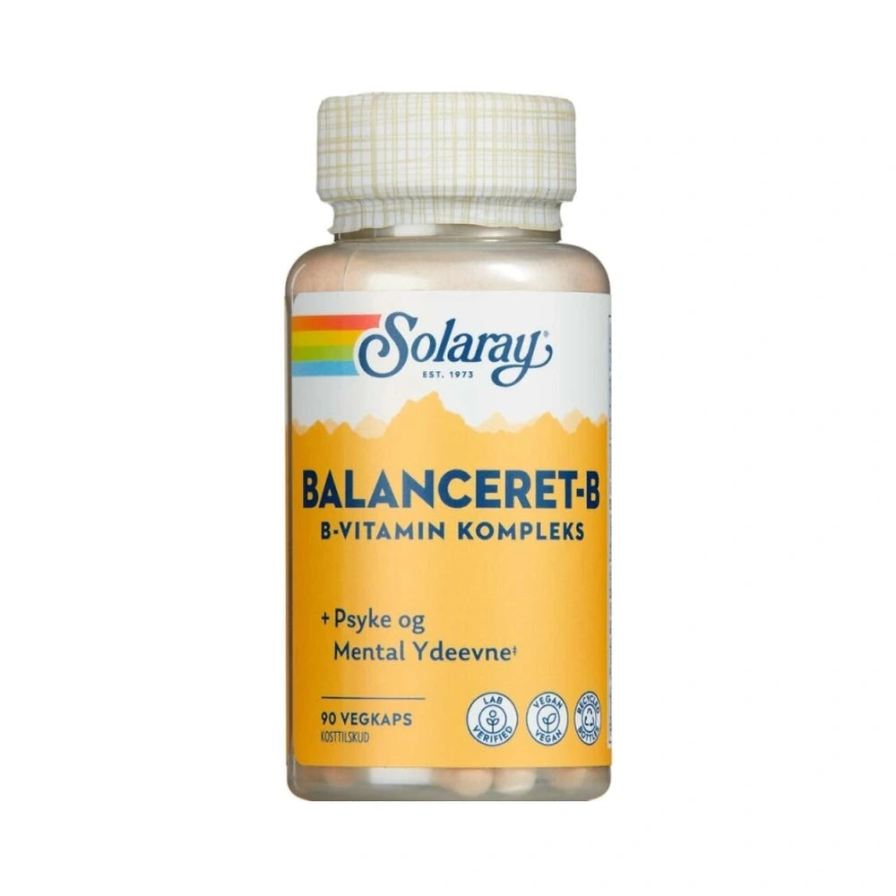Pakning med Solaray Balanceret-B, B-vitaminkompleks med vitamin C og magnesium, 90 stk.