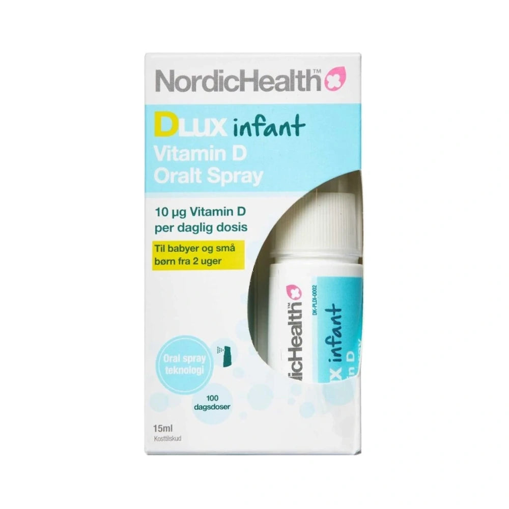 Flaske med NordicHealth DLUX D400 Infant D-vitamin spray, 10 µg, 15 ml