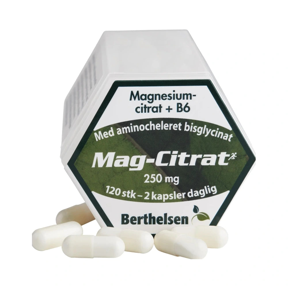 Pakning med Berthelsen Mag-Citrat magnesiumtilskud med vitamin B6, 120 stk.