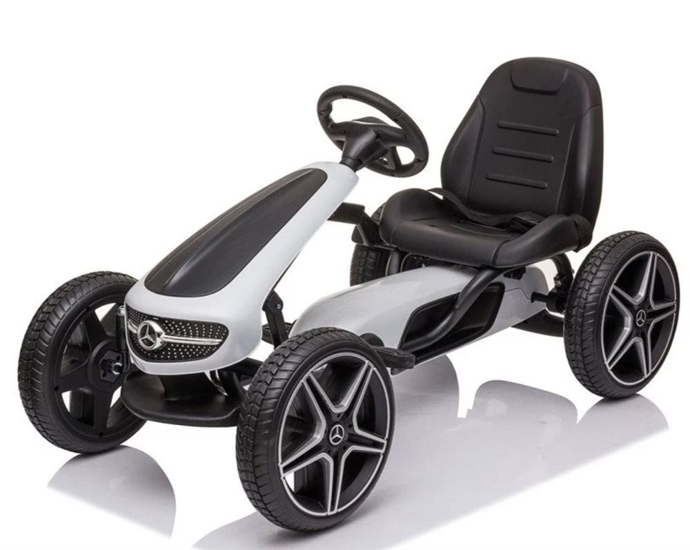 Hvid Mercedes Benz go-kart fra License med sportssæde og gummihjul til børn