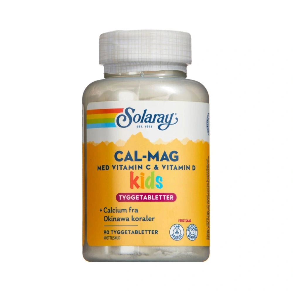 Pakning med Solaray Cal-Mag Kids tyggetabletter med calcium og magnesium, 90 stk.