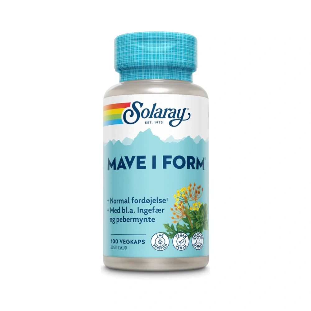 Pakning med Solaray Mave i Form urteprodukt med pebermynte, fennikel og ingefær, 100 stk.