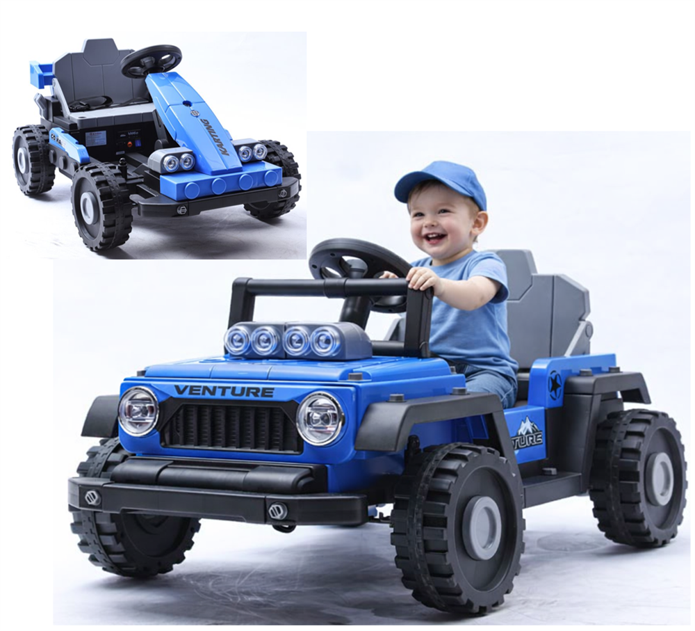 Blå Azeno Transformers elbil til børn, der kan bygges som Jeep eller F1 racerbil