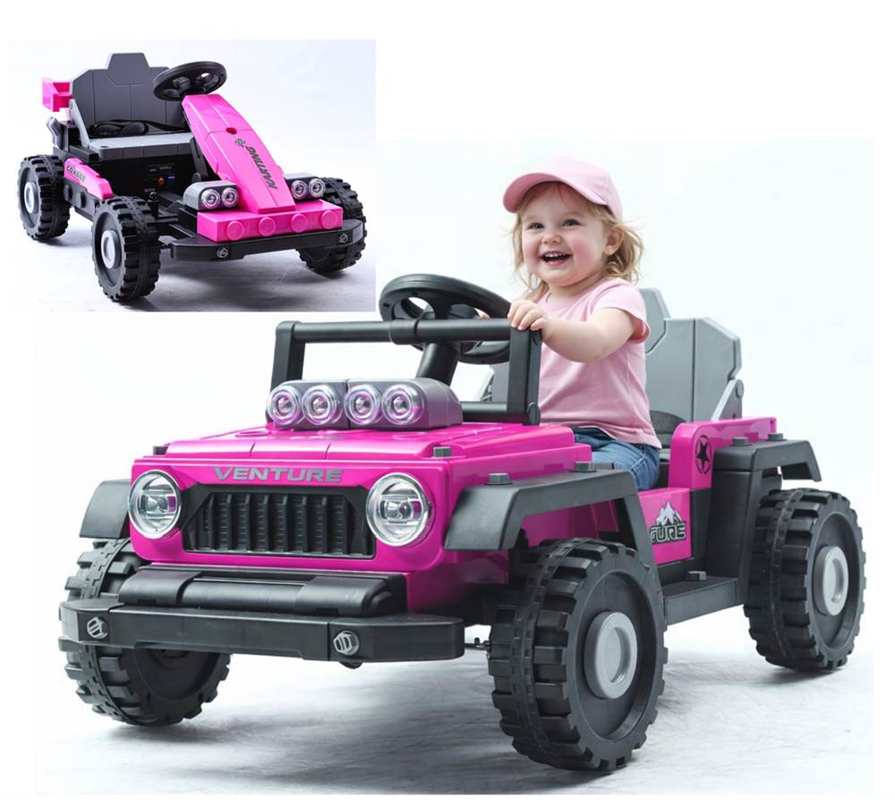 Lyserød Azeno Transformers elbil til børn, der kan bygges som Jeep eller F1 racerbil