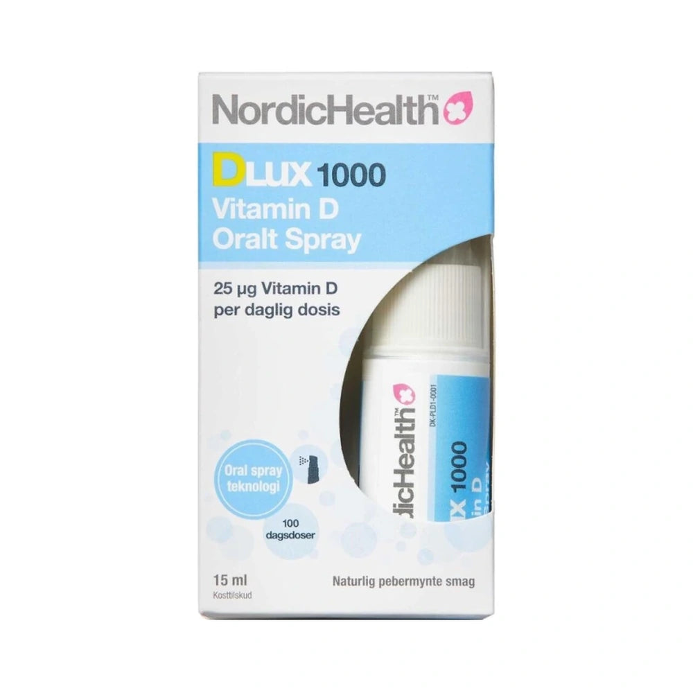 Flaske med NordicHealth DLux 1000 D-vitamin spray 25 µg, 15 ml