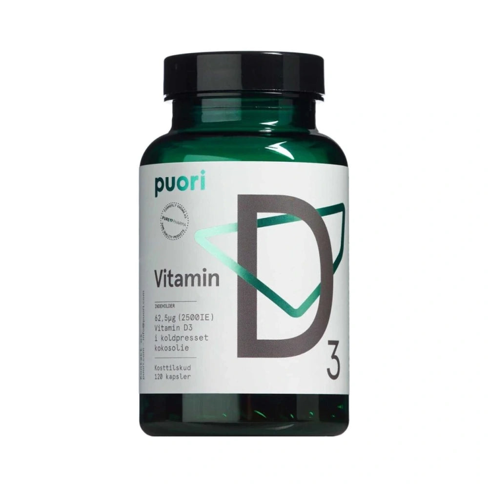 Pakning med Puori Vitamin D3 62,5 µg kapsler, 120 stk