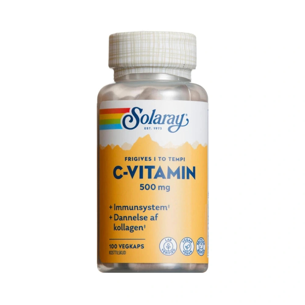 Glas med Solaray C-vitamin 500 mg kapsler, vegansk kosttilskud, 100 stk.